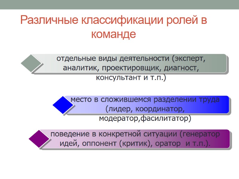 Различные классификации ролей в команде отдельные виды деятельности (эксперт, аналитик, проектировщик, диагност, консультант и